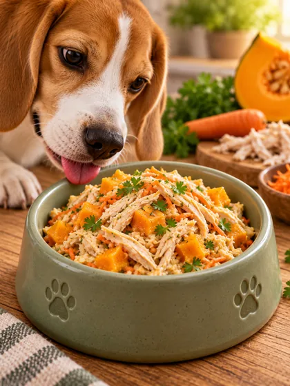 Tigela de comida natural com frango desfiado, abóbora e cenoura, e um cachorro ao lado