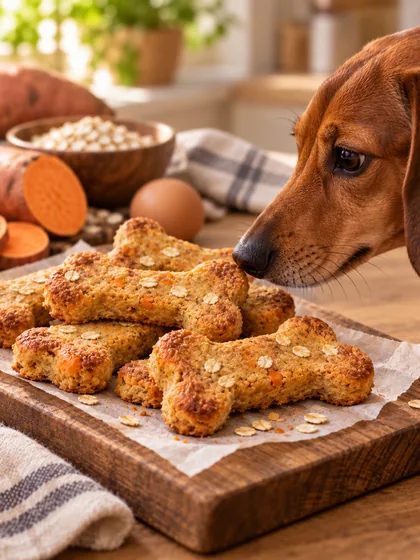 Biscoitos caseiros em formato de osso, com batata doce e aveia, e um cachorro cheirando