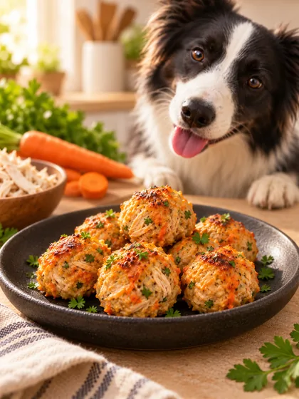 Almôndegas naturais de frango com cenoura e salsinha, e um cachorro esperando