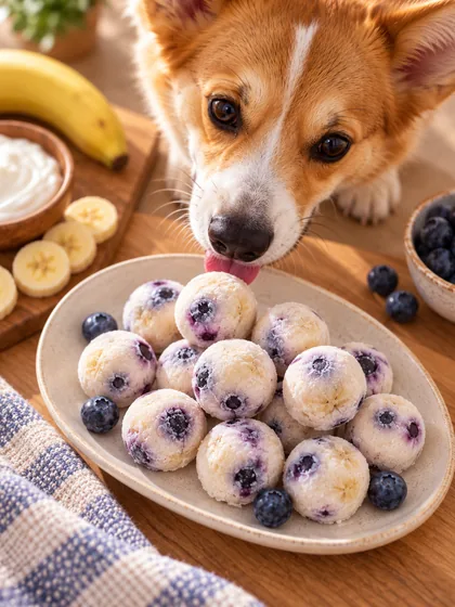 Bolinhas geladas de banana, iogurte e mirtilo, e um cachorro provando